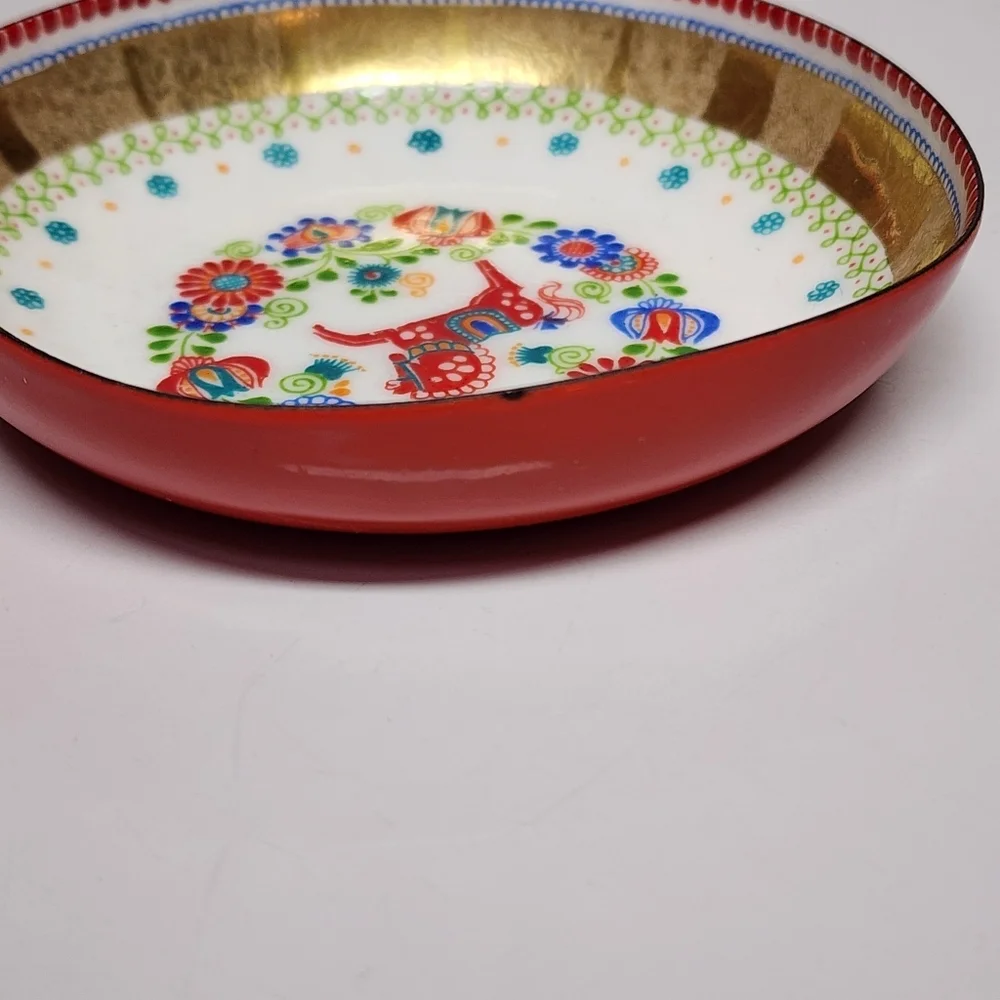 Enameled Dish Trinket Folk Art Dala Horse Mid Century Austria Metal Tray 3.75